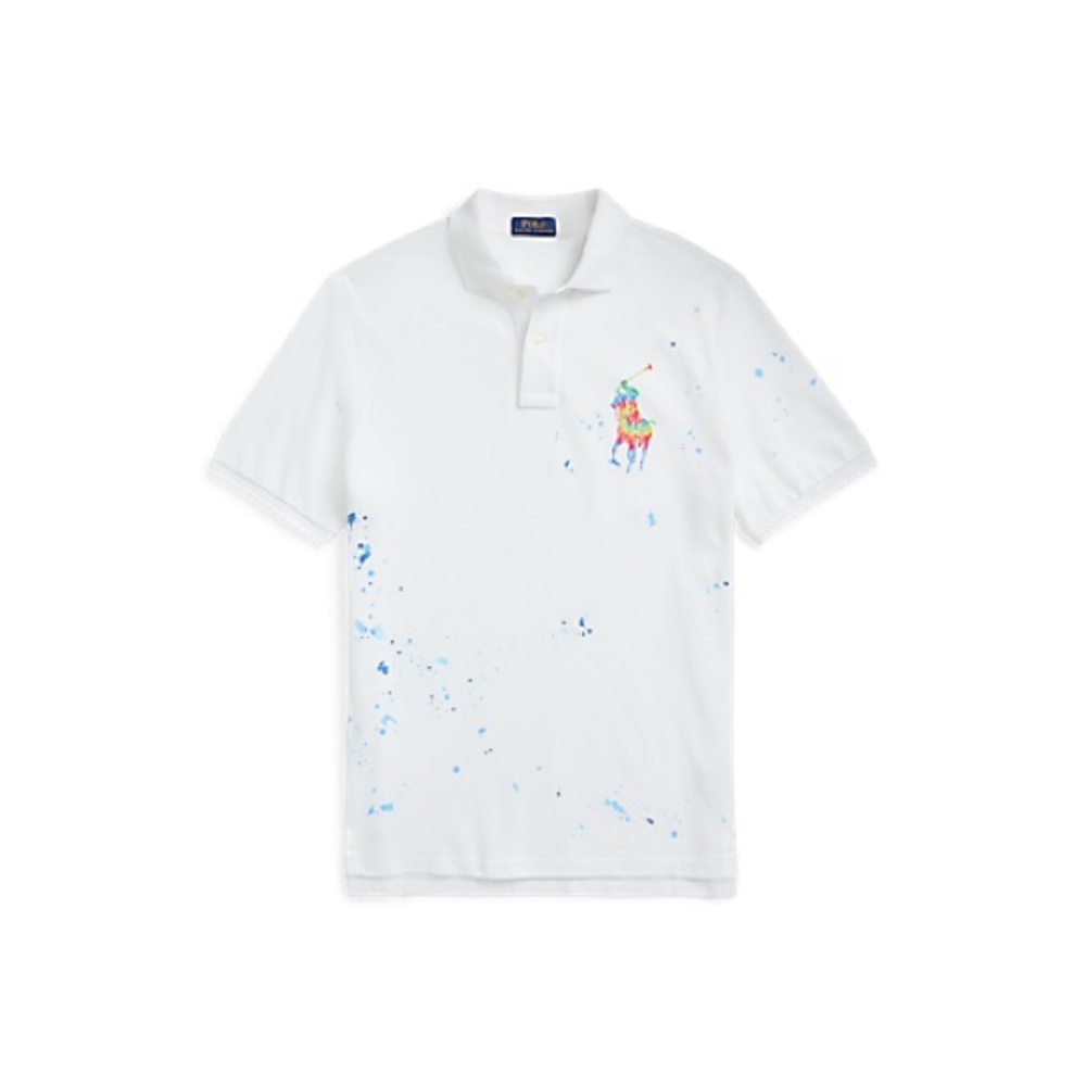 Polo Ralph Lauren White Big Pony Splatter Paint Custom Slim Fit Polo, XXL